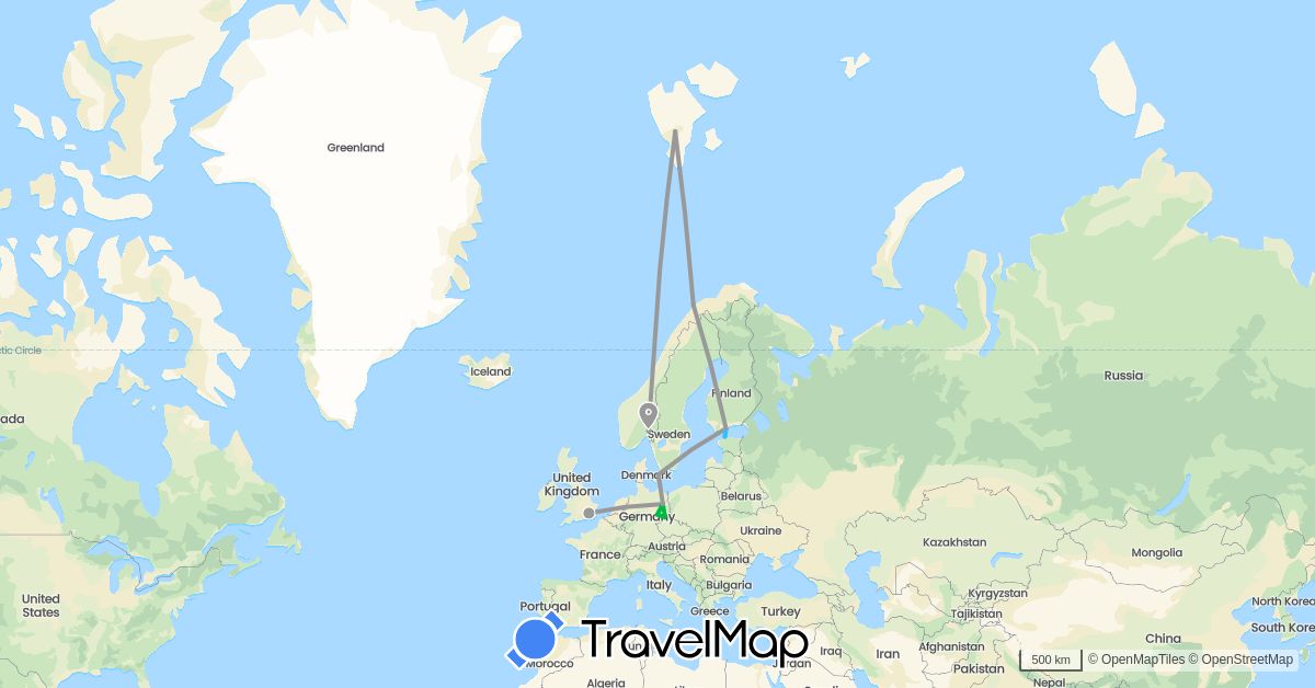 TravelMap itinerary: bus, plane, boat in Germany, Denmark, Estonia, Finland, United Kingdom, Norway (Europe)